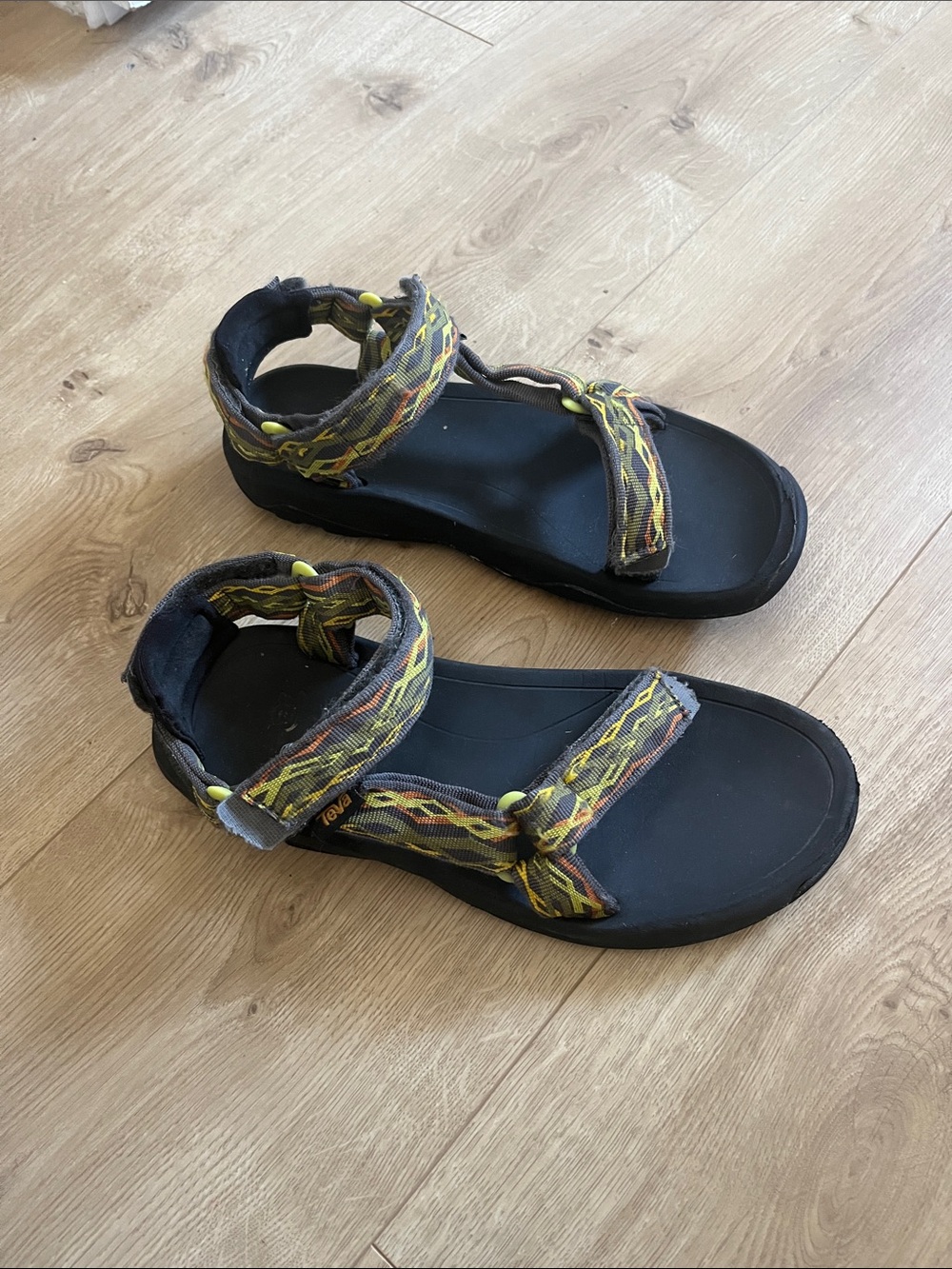 Teva Black Sandals with Yellow and Olive Patterned Straps Size 6